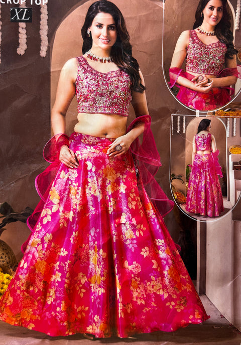 Chinnon based Designer embroidery works crop top blouse with soft organza floral print lehnga with netting dupatta