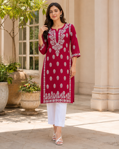 Very soft rayon-based kurti with elegant Lucknowi embroidery at front & back, giving it a graceful and timeless look. Pants are not included – this is kurti only. Slight variation in color and design is possible.
