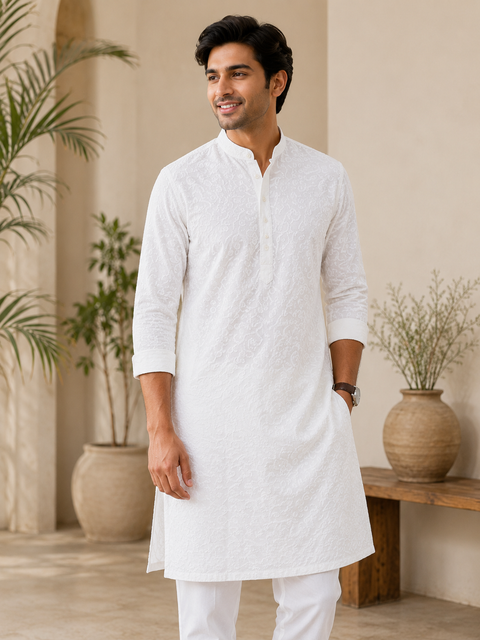 White colour cotton  based chikankari work kurta with white pajama(slight variation in color and design is possible)