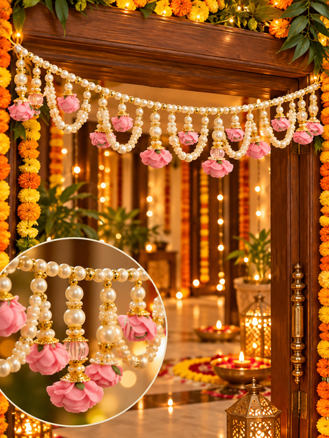 Festive Diwali Door Toran – Beautifully designed with colourful pom-poms, pearl detailing and elegant golden hanging accents. Slight variation in colour and design may occur