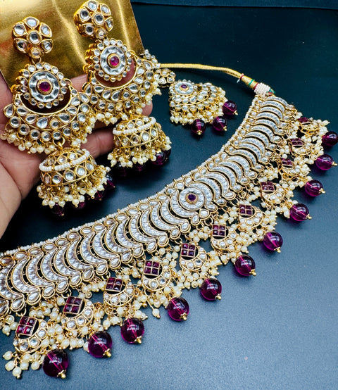 Kundan with pearls work beautiful heavy work choker necklace with designer Jhumka Earrings and Tikka