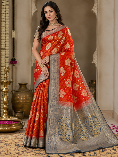 Premium two shaded Silk Saree with rich zari weaving and contrast woven pallu. featuring elegant dual-tone shades.Model-worn blouse is for reference only. Unstitched blouse piece is attached with saree(slight variation in color & design is possible)