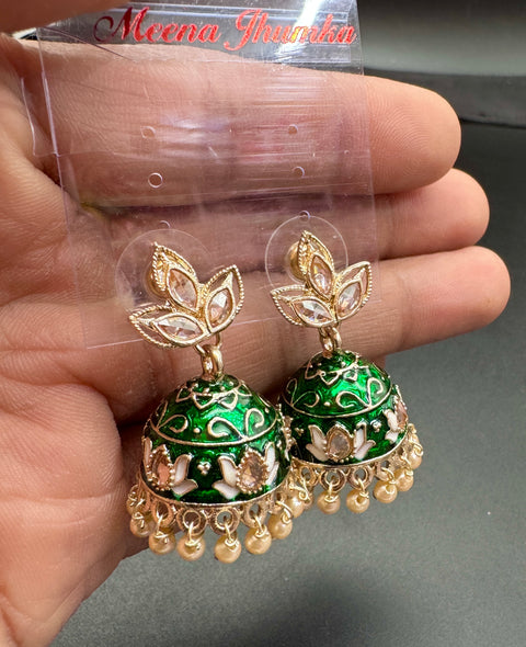 Polki Stone With Pearls Work Beautiful Meenakari Jhumka
