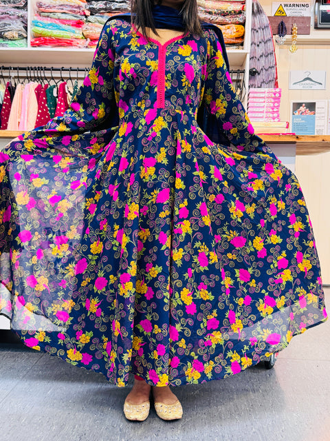 Nevi Blue color Floral print pure chiffon Anarkali kurti with tights and chiffon dupatta