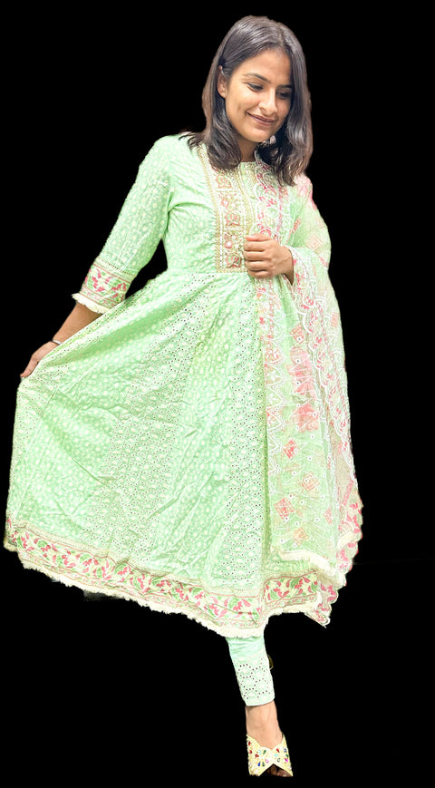 Cotton Based Heavy Handwork & Mirror Work All Over On Chikankari Kurti And Handwork Dupatta With Plazo Pents