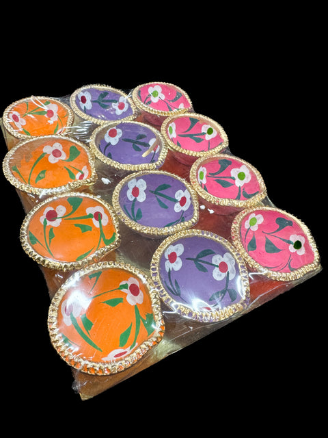 12 piece colour diya Natural Clay Traditional (Diwali Ke Diye) price per pack (slight variation in colors and design is possible )