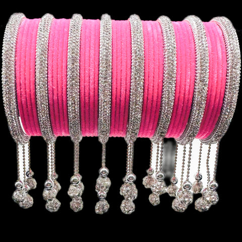 Beautiful Silver fine stone shiny Brass Bangles with Beautiful Latkan set (Sample picture attached at end to show it can be customised with plain Velvet or Metal Bangles)set of 4 Bangles