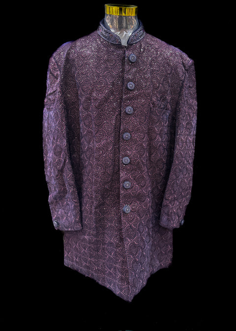 (Video clip attached )Deep Wine color based heavy embroidery & sequined work all over with hand work pearl beaded neck, buttons and sleeves design Sherwani and black Pants