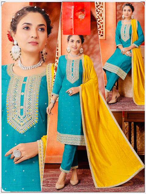 Soft Georgette silk based embroidery with sequined work designer kameez with plazo pants and dupatta with embroidery border work Dupatta