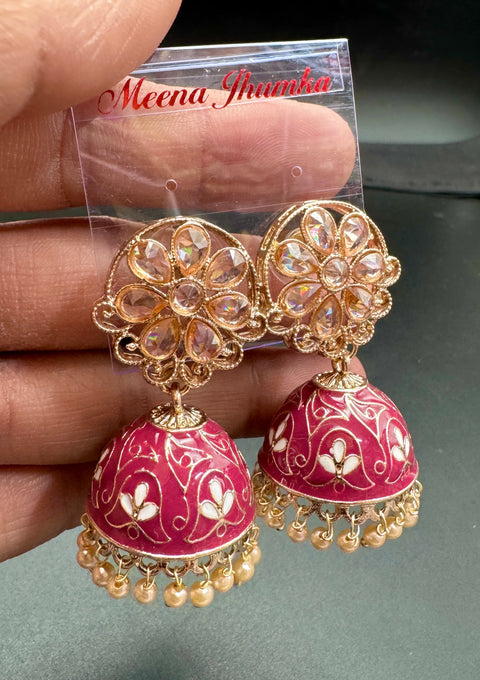 Polki Stone With Pearls Work Beautiful Meenakari Jhumka