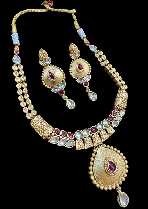 Mat look antique gold traditional necklace set with stones work