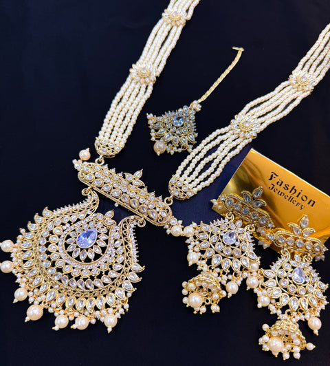 Pearls Work With Kundan Stone Beautiful Rani Haar /Long Necklace Set With Beautiful Earrings