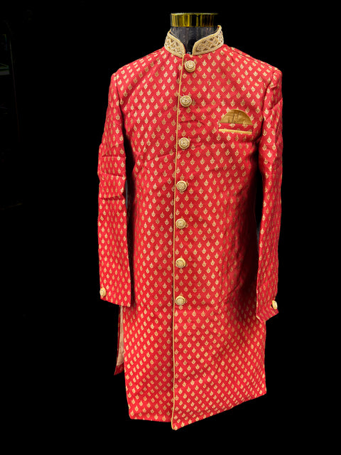 (Video clip attached ) Deep Red color silk based heavy embroidery work with all over sequinned work Jacket style Mens classy Indo western with (half sleeves Kurta ) and Pants