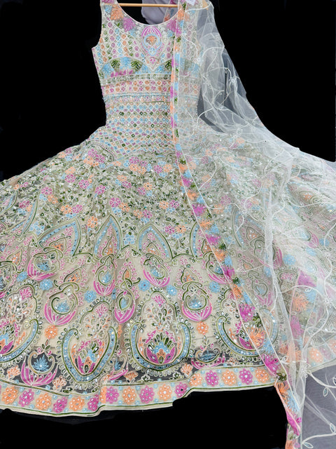 Mint color Netting base multicoloured embroidery work with mirror and pearls work all over at front and back )designer gown/kameez and netting embroidery dupatta