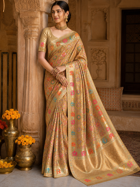 Elephant Peacock design Soft Banarasi Silk brocade saree with stone work and tessels attach on Pallu Model-Worn Blouse Is For Reference Only. Unstitched Blouse Piece Is Attached With Saree(Slight Variation In Color & Design Is Possible)