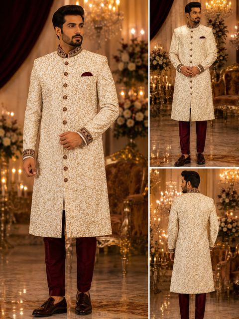 Luxurious ivory embroidered sherwani paired with rich maroon trousers, crafted for a sophisticated and regal wedding celebration look( slight variation in color and design is possible)