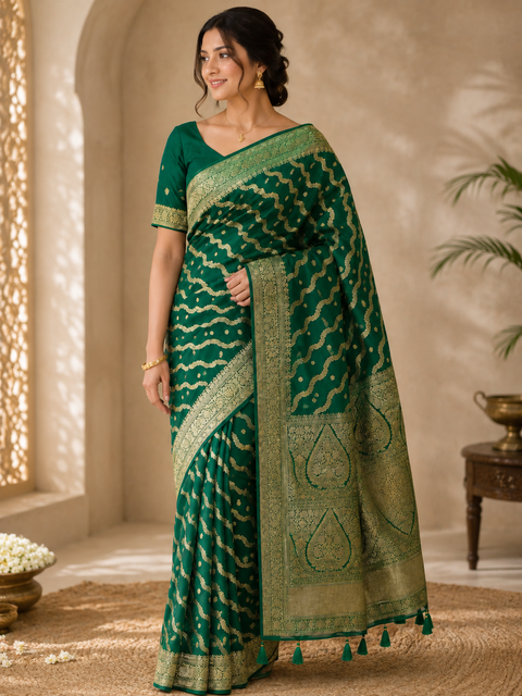 Premium Banarasi Silk Saree featuring elegant zari weaving throughout; saree comes with an attached blouse piece. Model blouse is for reference only. Slight variation in colour and design may occur