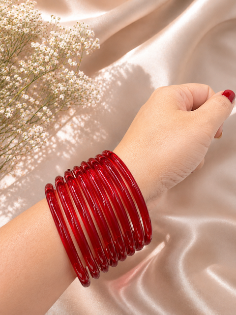 Red color Ultra-trendy jelly bangles with glossy vibrant shades — the perfect statement stack to elevate your everyday and festive looks((slight variation in color and design is possible) Eight bangles per set (price per set)