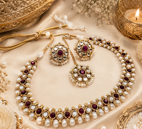 Kundan and Pearls work beautiful necklace set with Jhumka & Tikka