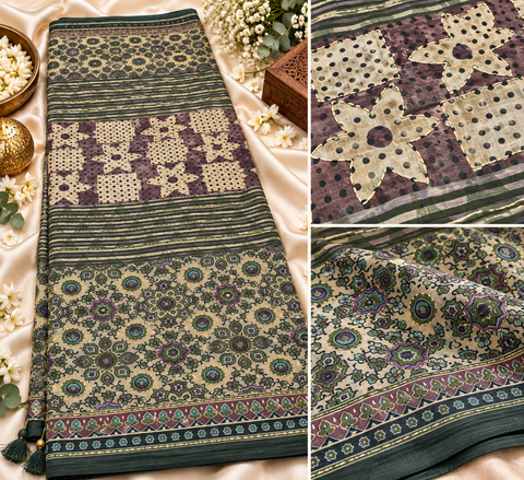 Elegant Chanderi cotton silk saree featuring delicate dotted prints, a beautifully detailed floral pallu and traditional printed border. Lightweight, graceful and perfect for festive or elegant day wear.