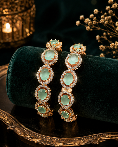 Luxury screw-open rose gold bangles adorned with premium mint crystal stones and sparkling American Diamond accents for timeless elegance(Slight variations in color and design is possible)