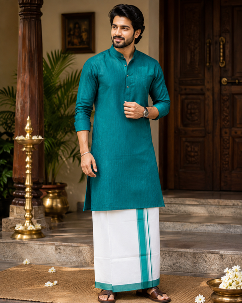 Woven Cotton Kerala Mundu / Dhoti in White ( 3.75 mtrs )Kurta not included,slight variation is possible