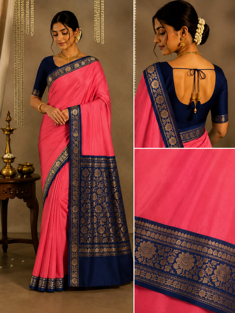 Plain Silk Saree With Contrast Zari Border And Contrast Plain Blouse, Model-Worn Blouse Is For Reference Only. Unstitched Blouse Piece Is Attached With Saree(Slight Variation In Color & Design Is Possible)