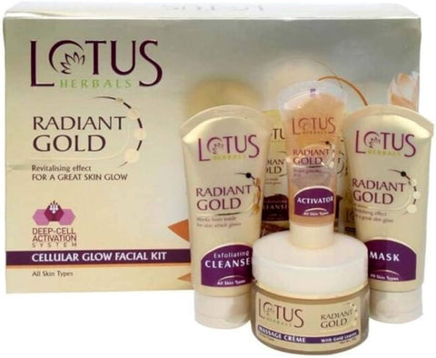 Lotus Herbals Radiant Gold Cellular Glow 5 in 1 Facial Kit | With 24K Gold leaves | For Natural Golden Glow Skin | For Women & Men | All Skin Types |170g (Salon Pack)