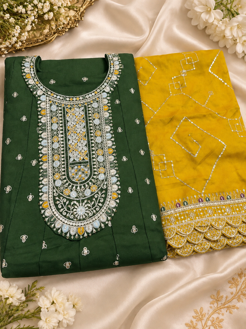 Rayon Silk/Georgette Silk Anarkali Suit featuring beautiful embroidery on the neckline and kurta, with a soft flattering flare & matching pants and a Chinon dupatta finished with elegant embroidery.Slight variation in colour and design is possible