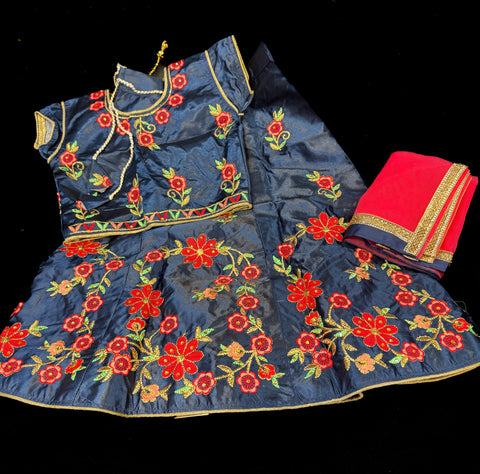 Navy blue Colour Silk Based Embroidered Lehnga With Contrast Netting Dupatta