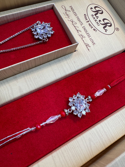 AD stone Work Bhai Bhabhi Rakhi in nice pack gift box with Mishri, Sindoor, Rice, Chandan
