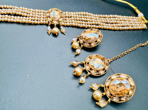 Beautiful pearls with stone beaded choker necklace with small studs