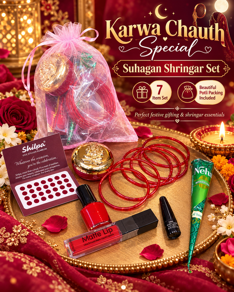 Beautiful 7-item Shringar Set featuring lipstick, bindi, nail polish, 6 red glass bangles, kajal, mehndi cone & sindoor. Comes in a lovely potli gift bag.
Note: Lipstick, nail polish and bindi shades may vary in red/maroon pink tones.