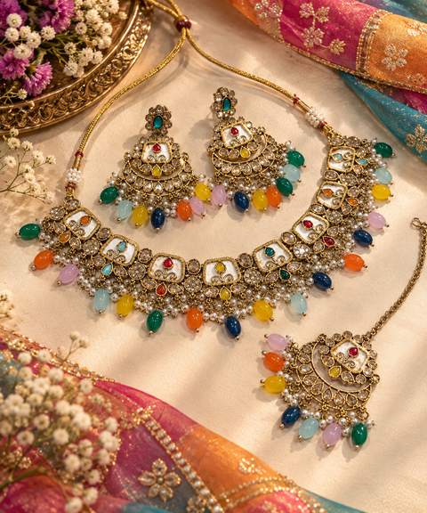 Beautiful polki stones with pearls and colorful stones necklace & earrings with Tikka. Slight variations in colour and design are possible