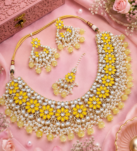 Kundan studded & pearls work designer heavy work Necklace set with beautiful Earrings & Tikka