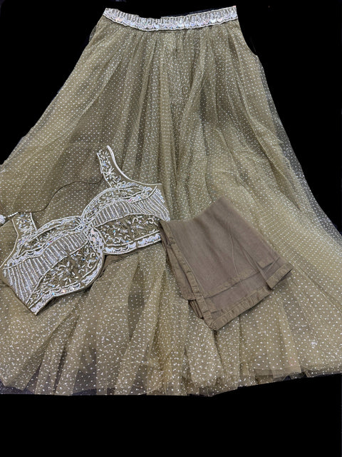 Netting based stones with mirror work designer blouse with shimmery netting heavy flared lehnga and netting based sequined work dupatta