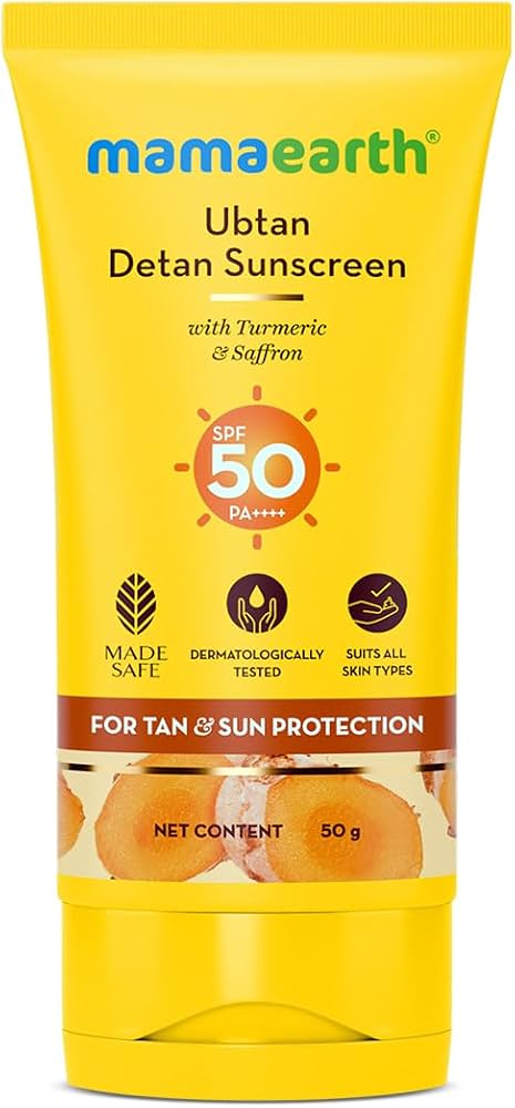 MAMAEARTH Ubtan Detan Sunscreen with SPF 50 & PA++++ | Broad Spectrum Protection | Helps Reduce Tanning with Turmeric & Saffron | Non-Greasy & Lightweight | 1.76 Oz/50g