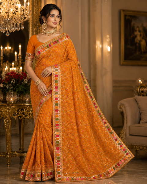 Premium Georgette Saree adorned with vibrant multicolor embroidery and sequin work, finished with a beautifully detailed border. Model blouse is for reference only; blouse piece is attached with the saree. Slight variation in color and design may occur.