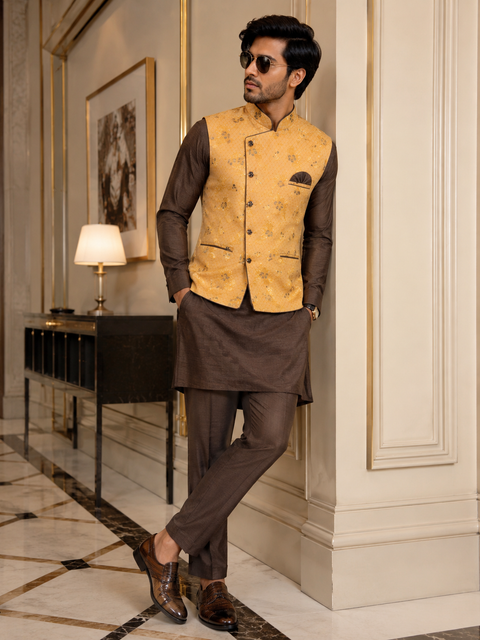 Dark Brown colour silk based kurta with pants  & brocade jacket (slight variation in color and design is possible)