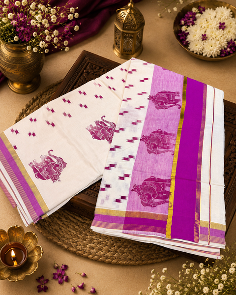 KERALA KASAVU COTTON SAREE WITH BEAUTIFUL ELEPHANT PRINT (slight variation in color & design is possible)