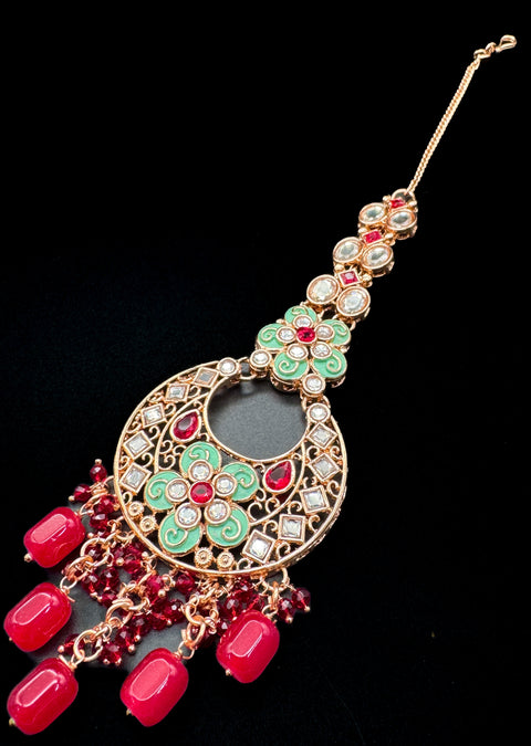 (video clip attached)Mint & Red color Original Kundan Polki stones with Meenkari & Pearls work Bridal necklace with beautiful Jhumka, tikka  , 2 Rings and Nath NOTE:- original Kundan Polki stones not fake plastic stones)
