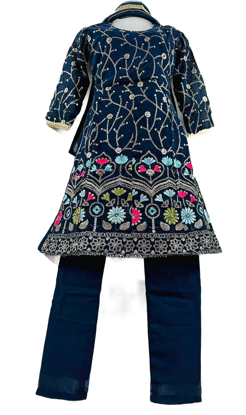 Georgette based sequinned with Embroidery work Flare kameez with lace border work Plazo pent suit for Kids
