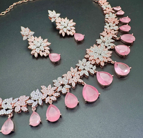 Rose gold American Diamond stones very fine work classy necklace with beautiful earrings