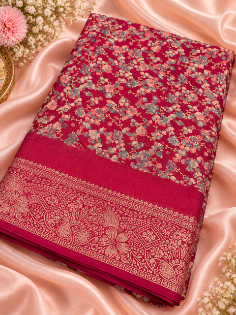 Soft Georgette Printed Saree – Lightweight and flowy with elegant all-over print and border. Matching blouse piece attached; model blouse is for reference only. Slight variation in colour/design is possible.
