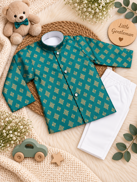 Adorable Brocade Silk Newborn Kurta Pajama Set with soft inner lining, easy front-open kurta and matching elasticated pajama for comfortable wear.Kurta L 35 cm,Chest 25 cm,Sleeve 24 cm,Pajama L 33 cm. Slight variation in colour & design may occur