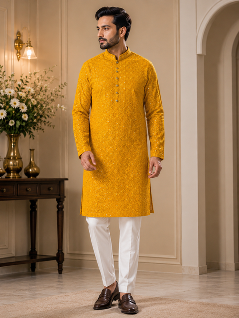 Georgette based Heavy embroidery with sequined work designer Kurta with white Pajama (slight variation in color & design is possible)