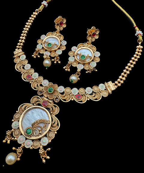 Mat look antique gold traditional necklace with pearls and kundan work & earrings