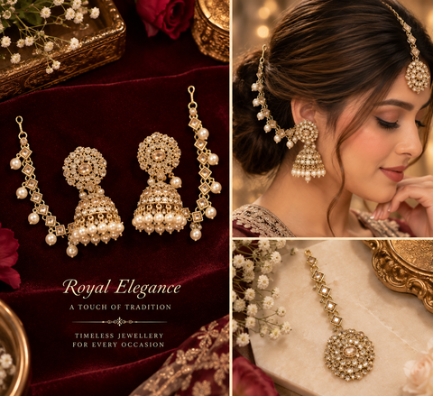 Golden Polki stone jhumka with Sahara & tikka set (slight variation in color and design is possible)