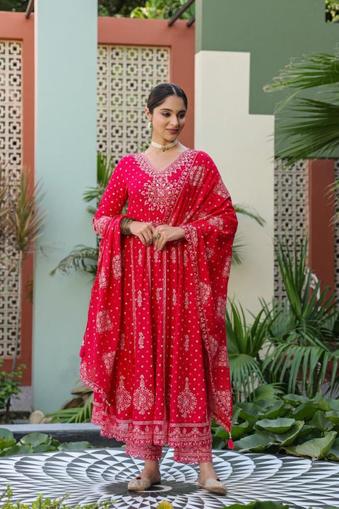 Pure & Soft Rayon Based Designer Embroidered & Mirror Work Anarkali Kurti With Plazo Pants & Dupatta(Video Clip attached)