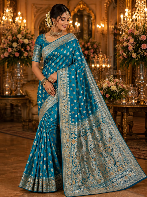 Luxurious Banarasi Silk Saree with rich zari weaving and elegant stone work on the pallu. Comes with an attached blouse piece. Model image is for reference only; slight variation in color and design may occur.